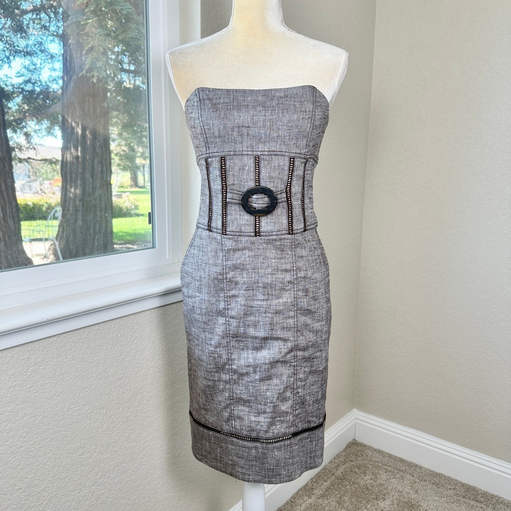 Bebe Strapless Linen Blend Sheath Dress Womens S Brown Corset‎ Chic Party